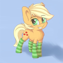 Size: 2048x2048 | Tagged: safe, artist:dbleki, applejack, pony, g4, applebetes, blue background, cheek fluff, chest fluff, clothes, cute, ear fluff, female, filly, fluffy, fluffyball, grin, high res, jackabetes, looking at you, pixie cut, shadow, signature, simple background, smiling, smiling at you, socks, solo, striped socks, sweet dreams fuel, teenage applejack, teenager, teeth, younger