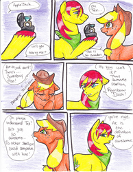 Size: 2552x3292 | Tagged: safe, artist:tristanjsolarez, applejack, tex, pony, comic:trans ponies, g1, g4, hat, marriage proposal, ring, ship:texjack, wedding ring