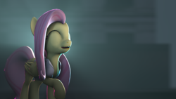 Size: 1920x1080 | Tagged: safe, artist:ferexes, fluttershy, g4, 3d, clothes, eyes closed, female, raised hoof, smiling, solo