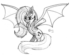 Size: 1400x1091 | Tagged: safe, artist:crimson, fluttershy, bat pony, pony, g4, female, flutterbat, grayscale, monochrome, race swap, simple background, sketch, solo, spread wings, traditional art, white background