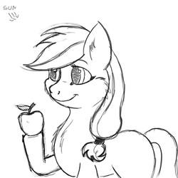 Size: 768x768 | Tagged: safe, artist:crimson, applejack, g4, apple, black and white, cheek fluff, chest fluff, ear fluff, female, food, grayscale, hoof hold, missing accessory, missing cutie mark, monochrome, obligatory apple, simple background, sketch, smiling, solo, white background, wip