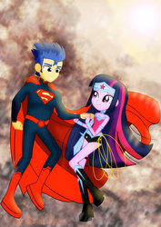 Size: 1600x2263 | Tagged: safe, artist:jucamovi1992, flash sentry, twilight sparkle, equestria girls, g4, bare shoulders, cape, clothes, dc comics, duo, female, male, ship:flashlight, shipping, sleeveless, straight, strapless, superman, wonder woman