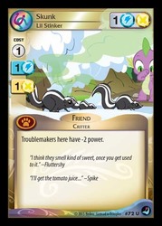 Size: 344x480 | Tagged: safe, edit, edited screencap, enterplay, screencap, fluttershy, spike, skunk, g4, high magic, my little pony collectible card game, winter wrap up, animal, card, ccg, female, male, merchandise, nose pinch, plugged nose, skunk spray, smell, smelly, snow, this will end in a tomato juice bath, tomato juice, visible stench, winter