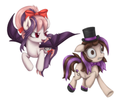Size: 2224x1828 | Tagged: safe, artist:thebowtieone, oc, oc only, oc:bowtie, oc:sweet velvet, bat pony, pony, bow, bowtie, clothes, colored pupils, duo, female, floppy ears, flying, hair bow, hat, mare, raised hoof, running, scared, simple background, socks, spread wings, top hat, transparent background