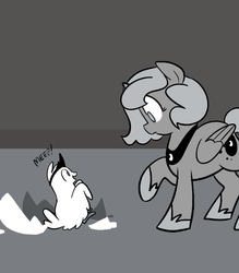 Size: 666x761 | Tagged: safe, artist:egophiliac, princess luna, oc, oc:pebbl, alicorn, bird, pony, roc, moonstuck, g4, accessory swap, crown, filly, grayscale, jewelry, meep, monochrome, moon roc, raised hoof, regalia, tumblr, woona, younger