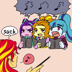 Size: 1000x1000 | Tagged: safe, artist:raika0306, adagio dazzle, aria blaze, sonata dusk, sunset shimmer, equestria girls, g4, my little pony equestria girls: rainbow rocks, fangs, lidded eyes, music notes, open mouth, rhythm heaven, singing, sour note, terrible, the dazzlings, thought bubble