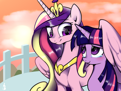 Size: 1600x1200 | Tagged: safe, artist:haden-2375, princess cadance, twilight sparkle, alicorn, pony, g4, blushing, cheering up, cloud, comforting, comforting twilight, crown, crying, duo, duo female, female, fence, hug, jewelry, looking at each other, mountain, regalia, sad smile, sisters-in-law, smiling, twilight sparkle (alicorn), winghug