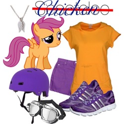 Size: 600x600 | Tagged: safe, scootaloo, chicken, g4, clothes, food, goggles, helmet, jewelry, necklace, orange, orange shirt, purple, purple shoes, scootachicken, shirt, shoes, shorts, simple background, white background, wings