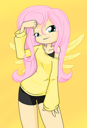Size: 666x977 | Tagged: safe, artist:sandwich-anomaly, fluttershy, human, g4, bedroom eyes, clothes, female, flutterr mlh, humanized, lidded eyes, lip bite, looking at you, off shoulder, off shoulder sweater, shorts, simple background, smiling, solo, sweater, sweatershy, winged humanization, wings, yellow background