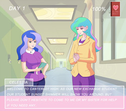 Size: 1100x972 | Tagged: safe, artist:annon, part of a set, princess celestia, princess luna, principal celestia, vice principal luna, human, comic:the new student, equestria girls, g4, clothes, comic, dialogue, door, game, hallway, humanized, lockers, looking at you, talking to viewer, visual novel