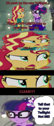 Size: 1280x2960 | Tagged: safe, edit, screencap, flash sentry, sci-twi, sunset shimmer, twilight sparkle, equestria girls, g4, my little pony equestria girls: legend of everfree, caption, clothes, crystal gala, cup, drink, glasses, lights, looking at each other, male, open mouth, outdoors, ship:flashimmer, shipping, straight, text, threatening, wrong aspect ratio