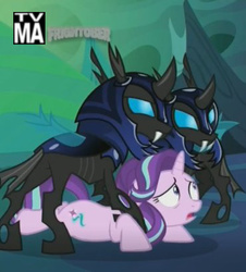 Size: 370x410 | Tagged: safe, edit, edited screencap, screencap, starlight glimmer, changeling, pony, unicorn, g4, to where and back again, armor, butt, changeling guard, female, frown, implied thorax, mare, open mouth, out of context, plot, prone, restrained, scared, tv-ma, wide eyes