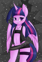 Size: 2176x3230 | Tagged: safe, artist:ashee, twilight sparkle, alicorn, anthro, g4, belly button, belt, blushing, clothes, colored pupils, ear piercing, female, high res, jewelry, looking at you, necklace, piercing, skirt, smiling, solo, twilight sparkle (alicorn)