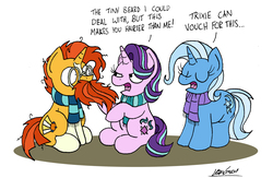 Size: 2251x1469 | Tagged: safe, artist:bobthedalek, starlight glimmer, sunburst, trixie, pony, unicorn, g4, beard, blaze (coat marking), clothes, coat markings, dialogue, eyes closed, facial hair, facial markings, female, glasses, hilarious in hindsight, looking at each other, male, mare, open mouth, scarf, shrunken pupils, signature, simple background, sitting, socks (coat markings), stallion, sunburst the bearded, trio, unamused, white background