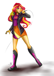 Size: 1800x2500 | Tagged: safe, artist:juliagoldfox, sunset shimmer, equestria girls, g4, boots, clothes, female, jacket, leather jacket, microphone, skirt, solo