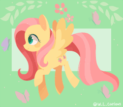 Size: 800x700 | Tagged: dead source, safe, artist:louderpony, fluttershy, butterfly, g4, abstract background, animated, blinking, colored pupils, cute, ear fluff, female, flapping, floating, flower, gif, looking at something, looking away, raised hoof, shyabetes, signature, smiling, solo, spread wings