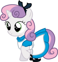 Size: 1001x1063 | Tagged: safe, artist:cloudy glow, sweetie belle, pony, unicorn, g4, alice, alice in wonderland, blue dress, bow, clothes, clothes swap, cosplay, costume, crossover, cute, diasweetes, disney, dress, female, filly, foal, hair bow, pinafore, raised hoof, shoes, simple background, smiling, solo, transparent background, vector