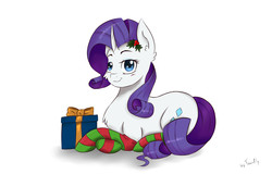 Size: 2928x1872 | Tagged: safe, artist:tavifly, rarity, g4, blushing, clothes, curved horn, female, holly, horn, present, prone, simple background, socks, solo, striped socks