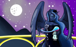 Size: 1600x1000 | Tagged: safe, artist:drakevagabond, princess luna, anthro, g4, balcony, clothes, dress, female, flower, moon, mountain, night, plushie, rose, solo, spread wings, stars