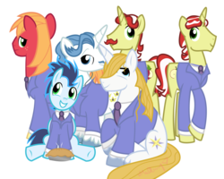 Size: 2500x2000 | Tagged: safe, artist:vcm1824, big macintosh, fancypants, flam, flim, prince blueblood, soarin', earth pony, pony, g4, clothes, cute, flamabetes, flimabetes, hatless, high res, hnnng, macabetes, male, missing accessory, ouran high school host club, prince bluebetes, school uniform, simple background, soarinbetes, stallion, transparent background, vector