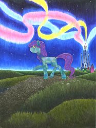 Size: 1024x1371 | Tagged: safe, artist:aliwoodruff, oc, oc only, earth pony, pony, crystal empire, looking away, looking up, night, raised hoof, solo, traditional art