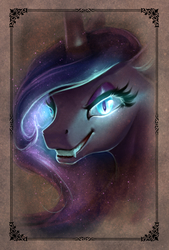 Size: 1228x1818 | Tagged: safe, artist:begasus, nightmare moon, alicorn, pony, g4, bust, evil grin, eyelashes, eyeshadow, fangs, female, glowing eyes, grin, makeup, missing accessory, portrait, slit pupils, smiling, solo