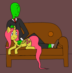 Size: 2311x2350 | Tagged: safe, artist:the claud, color edit, derpibooru exclusive, edit, fluttershy, oc, oc:anon, human, g4, anatomically incorrect, colored, couch, cute, high res, human on pony snuggling, petting, snuggling