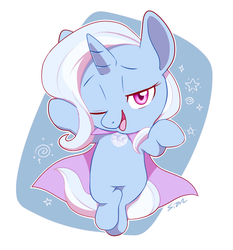 Size: 830x891 | Tagged: safe, artist:sion, trixie, pony, g4, bipedal, cape, chibi, clothes, female, lidded eyes, looking at you, one eye closed, open mouth, smiling, solo, sparkles, stars, swirls, trixie's cape, wink