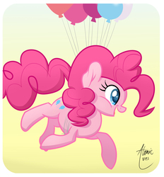 Size: 1233x1328 | Tagged: safe, artist:atomic8497, pinkie pie, g4, balloon, female, floating, gradient background, solo, then watch her balloons lift her up to the sky