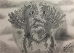 Size: 1024x728 | Tagged: safe, artist:bronyhands, rainbow dash, soarin', pony, g4, backwards cutie mark, charcoal (medium), male, old cutie mark, ship:soarindash, shipping, straight, traditional art