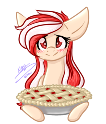 Size: 850x1000 | Tagged: safe, artist:nyan-adopts-2000, oc, oc only, oc:peppermint mocha, earth pony, pony, blushing, female, food, heart eyes, looking at you, mare, pie, simple background, solo, transparent background, wingding eyes