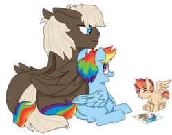 Size: 1280x1009 | Tagged: safe, artist:dbkit, dumbbell, rainbow dash, oc, oc:cherry bomber, pegasus, pony, g4, dumbdash, male, momma dash, offspring, older, parent:dumbbell, parent:rainbow dash, parents:dumbdash, preggo dash, pregnant, shipping, simple background, straight, transparent background, trio