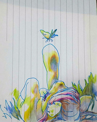 Size: 726x910 | Tagged: safe, artist:garaganzya, fluttershy, butterfly, g4, color correction, cropped, female, lined paper, looking up, on back, raised hoof, solo, traditional art