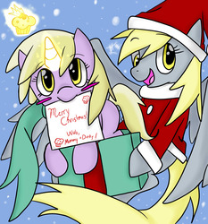 Size: 2700x2900 | Tagged: safe, artist:yoichi-hayabusa, derpy hooves, dinky hooves, pegasus, pony, unicorn, g4, box, christmas, clothes, costume, cute, duo, equestria's best daughter, equestria's best mother, female, filly, glowing horn, high res, horn, mare, mother and daughter, pony in a box, santa costume