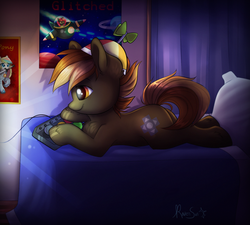 Size: 2000x1800 | Tagged: safe, artist:confetticakez, button mash, pony, g4, bed, male, prone, solo, video game