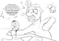 Size: 2013x1400 | Tagged: safe, artist:silfoe, pony, royal sketchbook, alex jones, angry, ask, conspiracy, conspiracy theory, grayscale, implied elements of harmony, implied gay, implied nightmare moon, implied parasprite, infowars, meme, monochrome, ponified, radio, sketch, solo, tumblr, tumblr blog, tumblr comic