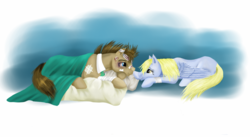 Size: 1450x794 | Tagged: safe, artist:startoucher, derpy hooves, doctor whooves, time turner, pegasus, pony, g4, bandage, black eye, blanket, female, injured, male, mare, pillow, ship:doctorderpy, shipping, straight