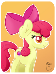 Size: 1140x1500 | Tagged: safe, artist:atomic8497, apple bloom, g4, apple bloom's bow, bow, cutie mark, female, hair bow, orange background, simple background, solo, the cmc's cutie marks