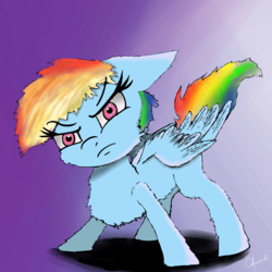 Size: 2222x2222 | Tagged: safe, artist:chopsticks, rainbow dash, pegasus, pony, g4, angry, cheek fluff, chest fluff, ear fluff, female, filly, filly rainbow dash, floppy ears, fluffy, frown, glare, gradient background, high res, hoof fluff, irritated, leg fluff, looking at you, messy mane, shoulder fluff, solo, wing fluff