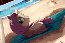 Size: 1800x1200 | Tagged: safe, artist:miokomata, fluttershy, pegasus, pony, g4, beach, beach blanket, beach umbrella, blushing, cute, cute little fangs, dutch angle, fangs, female, looking at you, looking back, looking over shoulder, mare, shyabetes, signature, solo