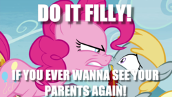 Size: 1280x720 | Tagged: safe, edit, edited screencap, screencap, chirpy hooves, pinkie pie, g4, trade ya!, angry, boop, caption, image macro, meme, noseboop, scared, threat
