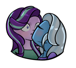 Size: 1000x900 | Tagged: safe, artist:doodledonut, starlight glimmer, trixie, equestria girls, g4, :i, :t, blushing, bust, duo, equestria girls-ified, eyes closed, female, kissing, lesbian, portrait, ship:startrix, shipping, simple background, surprise kiss, surprised, transparent background