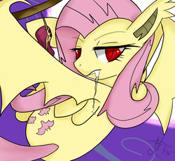 Size: 2700x2500 | Tagged: safe, artist:yoichi-hayabusa, fluttershy, bat pony, pony, g4, dried apple, fangs, female, flutterbat, high res, looking at you, looking back, looking over shoulder, race swap, red eyes, solo