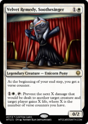 Size: 375x523 | Tagged: safe, artist:jeffk38uk, edit, editor:mordekaiserhuehuehue, oc, oc only, oc:velvet remedy, pony, unicorn, fallout equestria, card, clothes, dress, eyes closed, fanfic, fanfic art, female, horn, magic the gathering, mare, microphone, open mouth, singing, solo, trading card, trading card edit