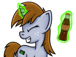Size: 2025x1542 | Tagged: safe, artist:wellfugzee, derpibooru exclusive, oc, oc only, oc:littlepip, pony, unicorn, fallout equestria, eyes closed, fanfic, fanfic art, female, freckles, glowing horn, happy, horn, levitation, magic, mare, simple background, smiling, solo, sparkle cola, teeth, telekinesis, transparent background
