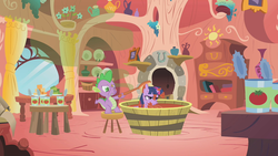 Size: 1280x720 | Tagged: safe, screencap, spike, twilight sparkle, pony, unicorn, g4, season 1, winter wrap up, bath, bathtub, bee sting, brush, cans, clothespin, curtains, female, male, nose pinch, plugged nose, skunk spray, smell, smelly, stool, tomato juice, unicorn twilight, visible stench, window
