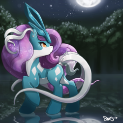 Size: 3000x3000 | Tagged: safe, artist:bean-sprouts, suicune, forest, high res, moon, night, pokémon, ponified, raised hoof, reflection, solo, stars, water