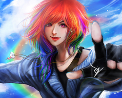 Size: 1250x1000 | Tagged: safe, artist:hammysan, rainbow dash, human, g4, beautiful, bust, clothes, cloud, cloudy, female, fingerless gloves, gloves, humanized, jewelry, looking at you, nail polish, necklace, rainbow trail, shirt, solo, tank top
