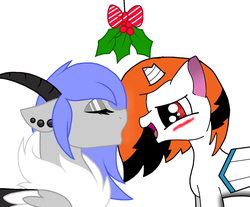 Size: 1280x1061 | Tagged: safe, artist:melodytheartpony, artist:steamyart, oc, oc only, oc:phenioxflame, blushing, broken horn, duo, holly, holly mistaken for mistletoe, horn, kissy face, permission asked for recreation