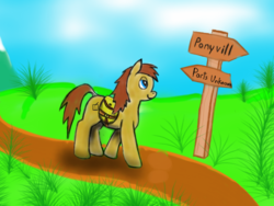Size: 825x619 | Tagged: safe, artist:sdf1jjak, oc, oc only, earth pony, pony, road sign, saddle bag, solo, tablet drawing